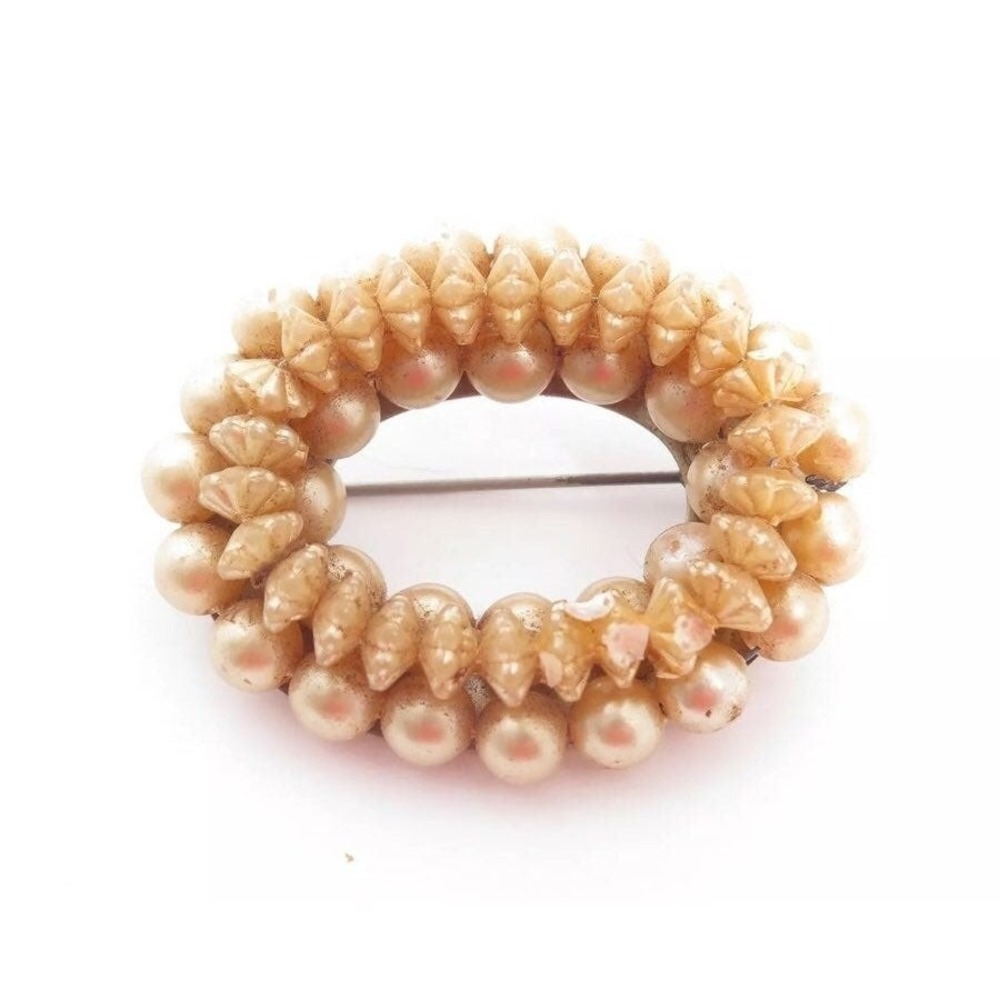 ANTIQUE ART DECO FAUX PEARL UNIQUE BEADED CHAMPAGNE GOLD SILVER TN PIN BROOCH